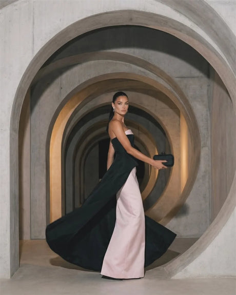 Sansa Customized Contrast Color Strapless Satin Evening Dress Black Pink Patchwork Waist Bow Long Side Train Wedding Guest Gown