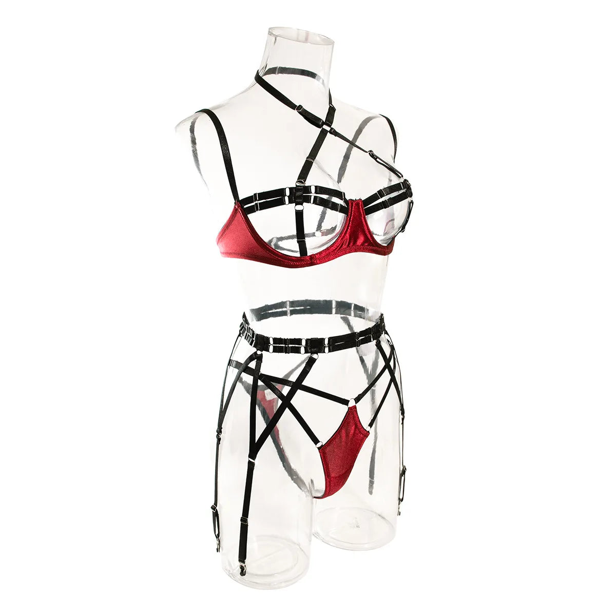 Sexy Lingerie Set for Women Hollow Out Open‑cup Underwire Bra Garter Belt Multi‑piece Bondage Lingerie Kit