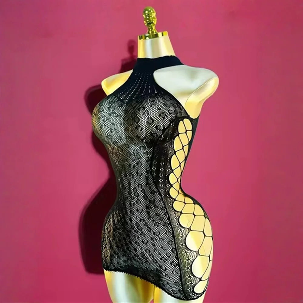 Women's Sexy Pink Mesh Underwear High Elasticity Fishnet Hollow Out Three Piece Open Crotch Babydoll Set Exotic Lingerie