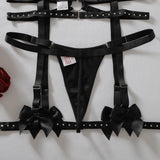 Women's Faux Leather Harness Underwear Lingerie Set Bow Decor Rhinestone Trim Halter Bra Garter Belt Panty 3‑Pcs Intimate Outfit