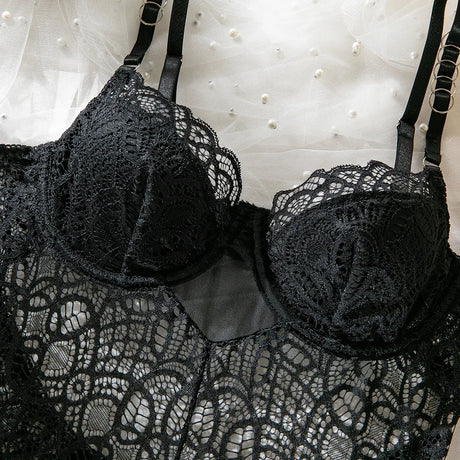 Sexy Women's Lingerie Lace Patchwork Hollow Out Bodysuit Black Solid Color Slim Suspender Backless Underwire One Piece Jumpsuit