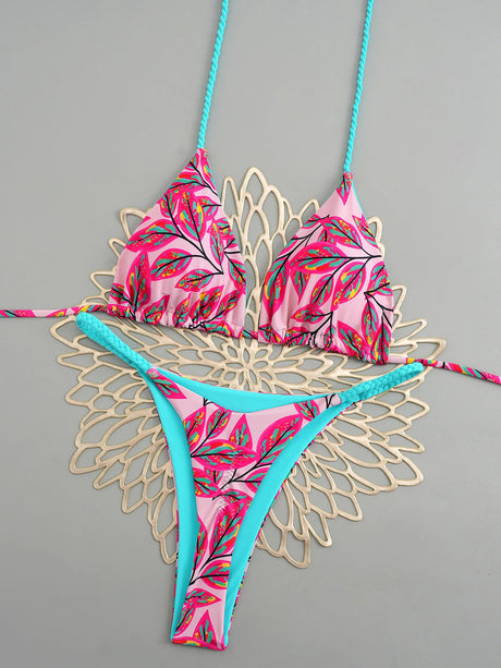 2026 New Bikinis Women Swimsuit Sexy Swimwear Halter Bikini Set Lace-up Biquine Brasileiro Thong Print Beachwear Party Wear
