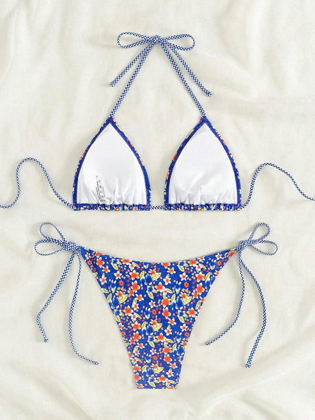 Swimsuit 2026 Female Micro Bikini Women Swimwear Summer Beachwear Women's Bathing Suit Floral Print Neck Halter Thong Bikini Set