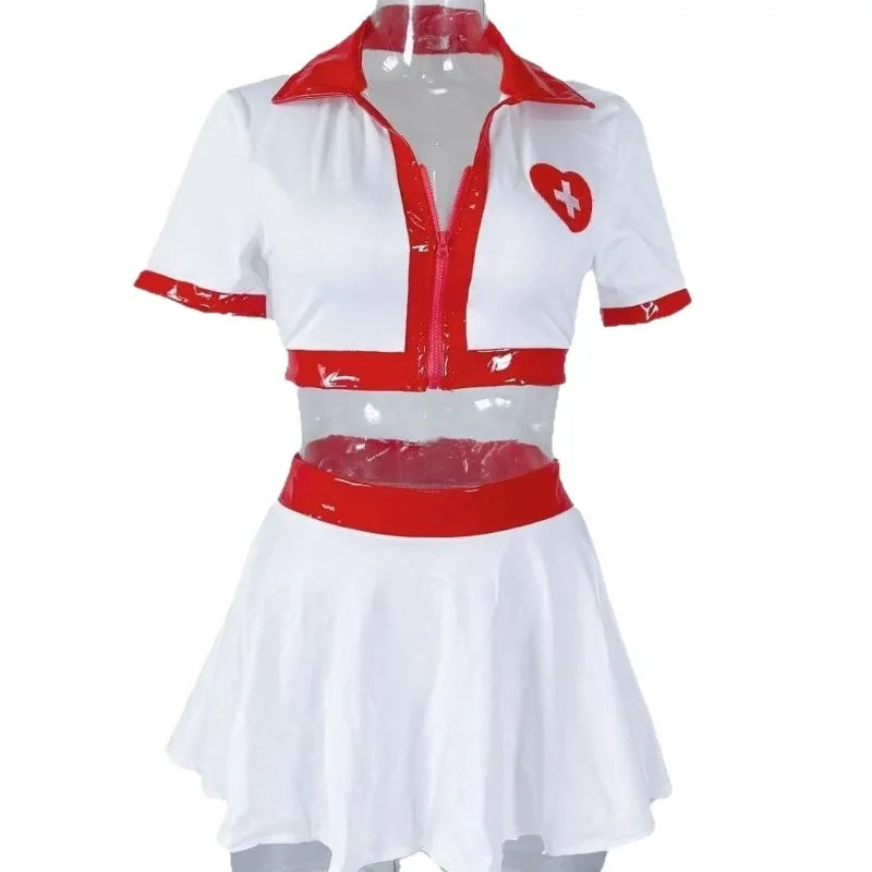Sexy Women Black 2 Piece Nurse Lingerie Costume Red Heart Cross Patch Zip up Crop Top with Mini Pleated Skirt for Role Playing