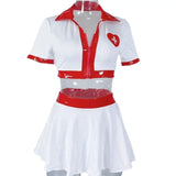 Sexy Women Black 2 Piece Nurse Lingerie Costume Red Heart Cross Patch Zip up Crop Top with Mini Pleated Skirt for Role Playing