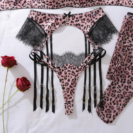 Leopard Wild Women's Lingerie Sets Stunning Lace Bra 3PC Set with Stockings Seductive Riding Suits Party Exotic Sexy Underwear