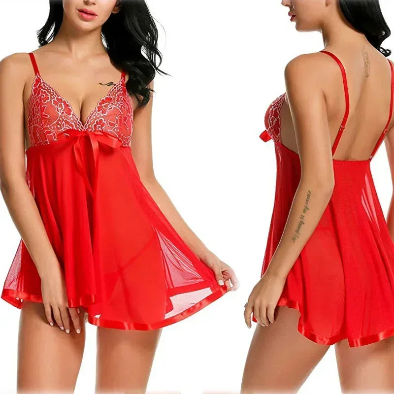 Women's Pajamas Dress Sexy Lingerie Embroidered Sequins Night Dress Women Transparent Suspender Nightgown Sleepwear for Sleeping