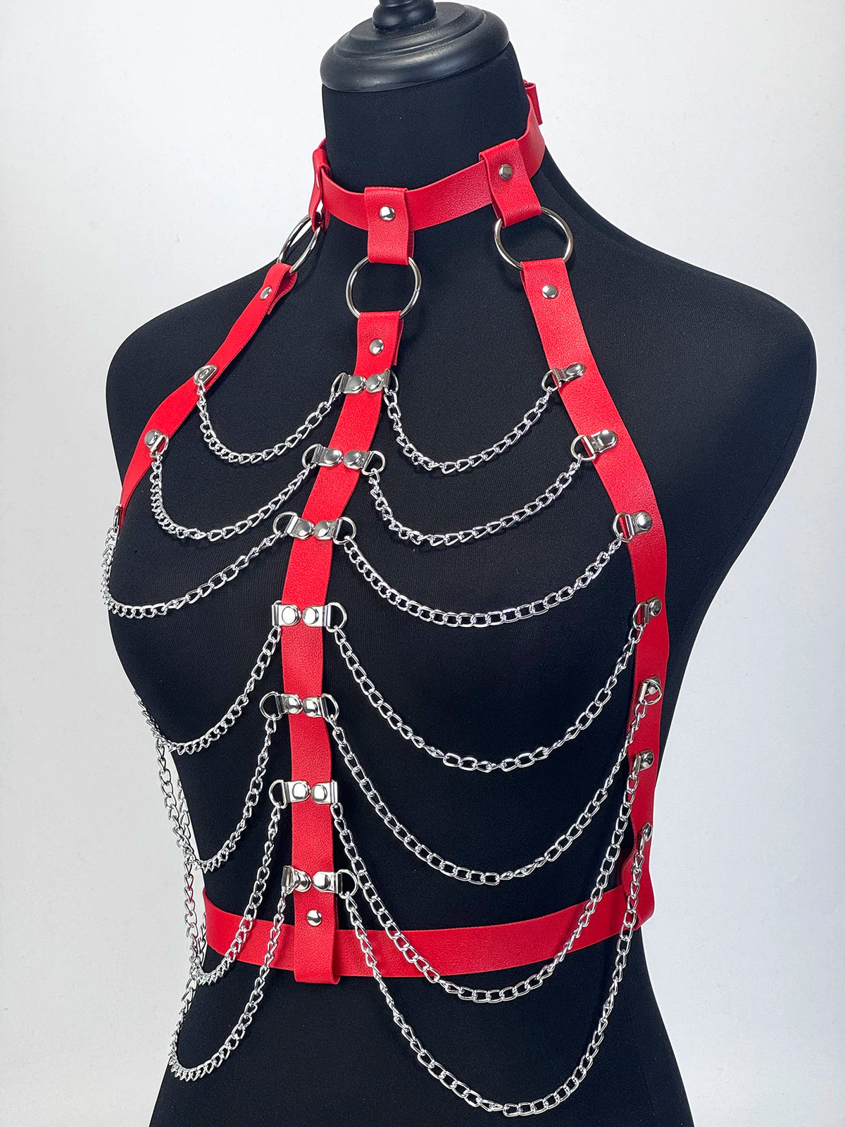 Women Gothic PU Leather Chest Harness Belt with Chain Bra Strap Adjustable Punk Y2K Body Harness Festival Layering Accessory