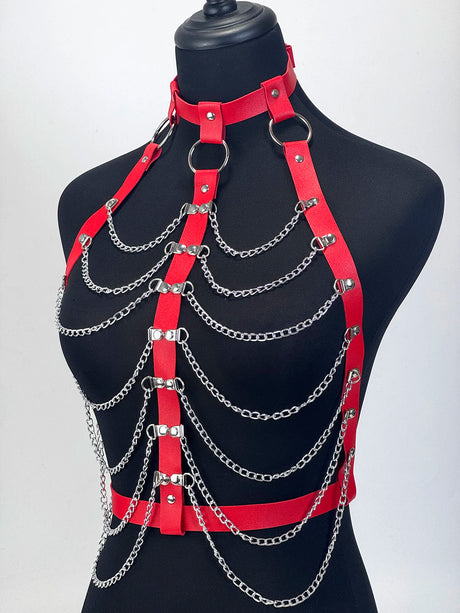 Women Gothic PU Leather Chest Harness Belt with Chain Bra Strap Adjustable Punk Y2K Body Harness Festival Layering Accessory