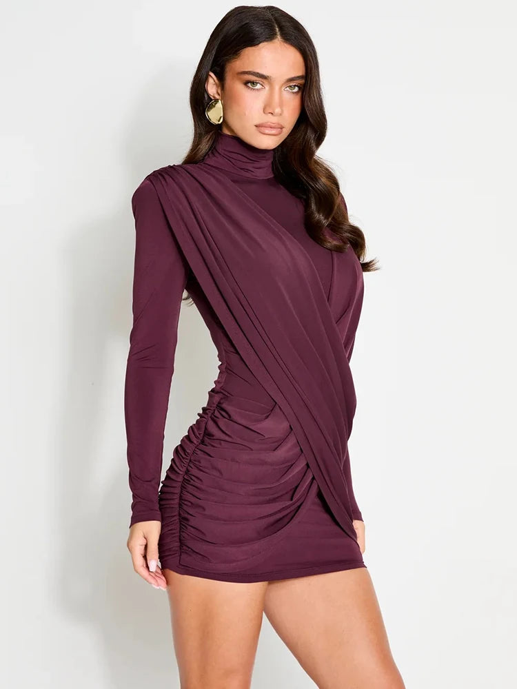 Mozision High Neck Shoulder Pads Long Sleeve Sexy Mini Dress Women Draped Cross Front Ruched Slim Bodycon Nightclub Party Dress