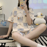 Women's Loose Fit Cartoon Bear Pajamas Set Summer Short Sleeve Gradient Casual Homewear Sleepwear