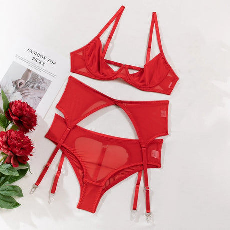 Plus Size Women Transparent Open Bra+Panty+Garter Kit Fancy Babydoll Cosplay Porno Sexy Underwear Underwire Bra Set