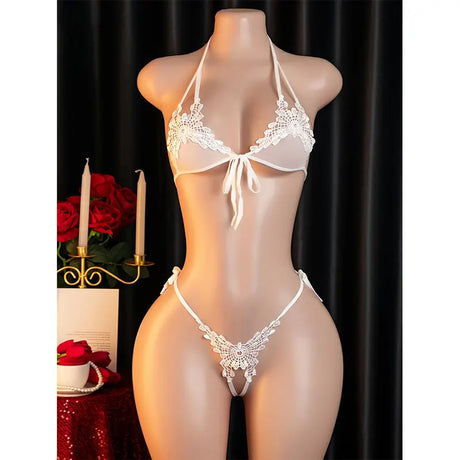 Black Embroidered Mini Bra Panty Set Lolita Sexy Lingerie Neck-hanging Adjustable Push-Up Thong Erotic Costumes Women Underwear