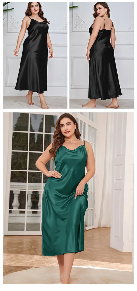 2025 New Women's Fashionable Sexy Plus Size 2XL Long Silk-Like Sling Nightgown Breathable Casual Sleepwear Loungewear