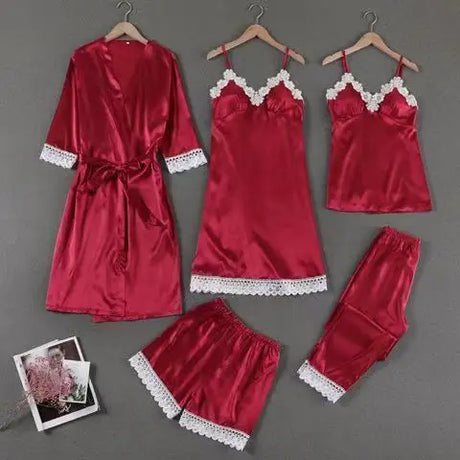 Sleepwear Sleep Suit Sexy Womens Lace Pajamas Sets V-Neck Satin Pijamas Intimate Lingerie Spring Nightwear Home Wear PJS