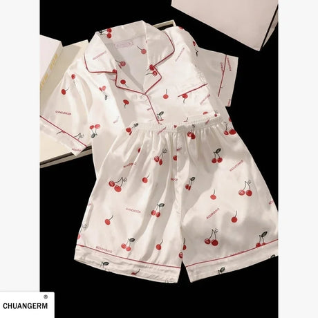 Cherry Print Silk Pajamas Set For Women Summer Short Sleeve Shirt And Shorts Two Pieces Sleepwear Homewear Nightwear