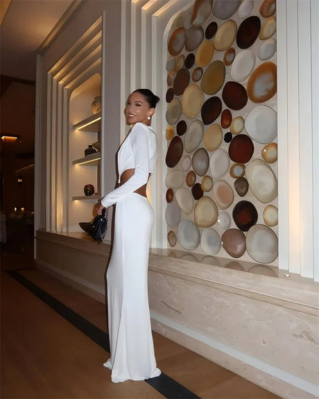Deep V Neck Long Sleeve Sexy Maxi Dress Women Gown Autumn Fashion Hollow Out Backless High Waist Club Party Long Dress