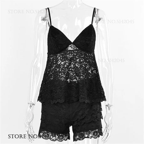 Sexy Female Pajamas Set Sleepwear Mujer Lingerie Hollow Out Lace Strap Top&shorts Pijamas Suit Summer New Nightwear Home Clothes