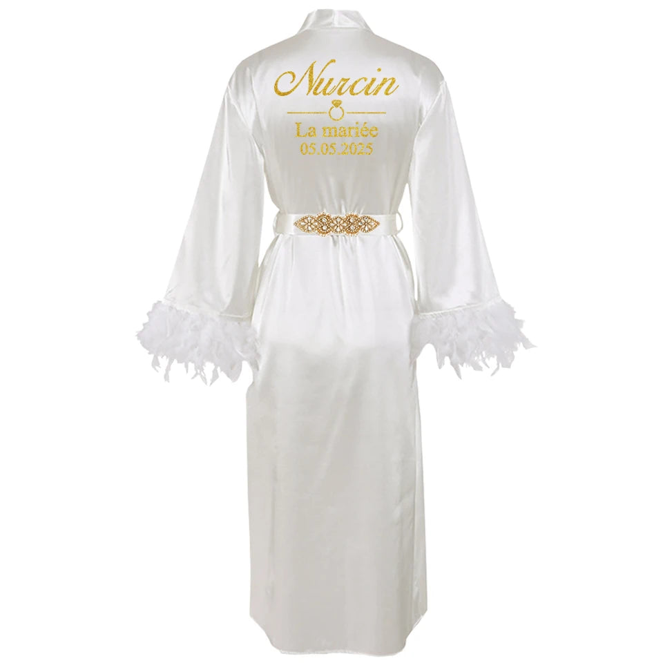 Customized Bathrobe for Women Personalized Name And Date Robe Add Any Text Gown for Bridal Party Feather Bride Robes
