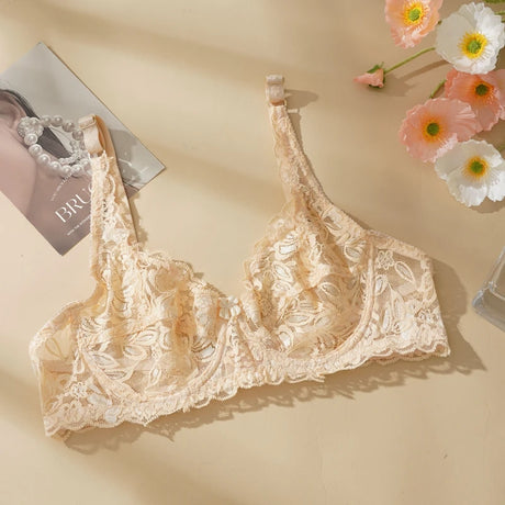 Plus Size Ultra-thin Lace Bras Women Sexy Exquisite Bras Non-padded Push Up Hollow Out Gathered Solid Underwear 34-40 B/C CUP