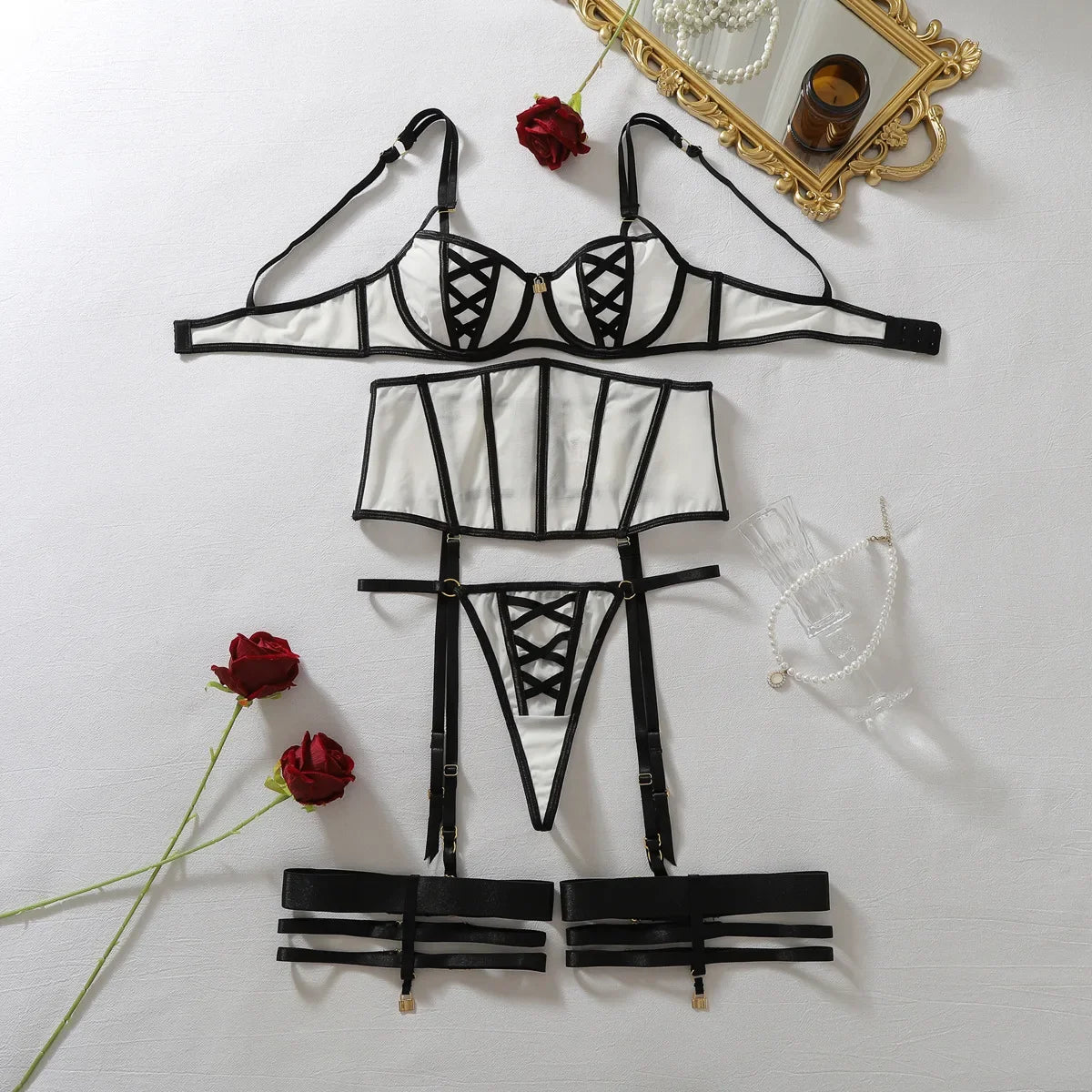 Women's Black White Contrast Strappy Lingerie Set 4PCS Underwire Bra Waist Cincher Garter Belt Thong Thigh Cuffs Sexy Intimate