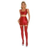 Womens Glossy Lingerie Sleeveless Crop Tank Tops Low Rise Miniskirt with Thigh High Stockings Pool Party Pole Dance Clubwear