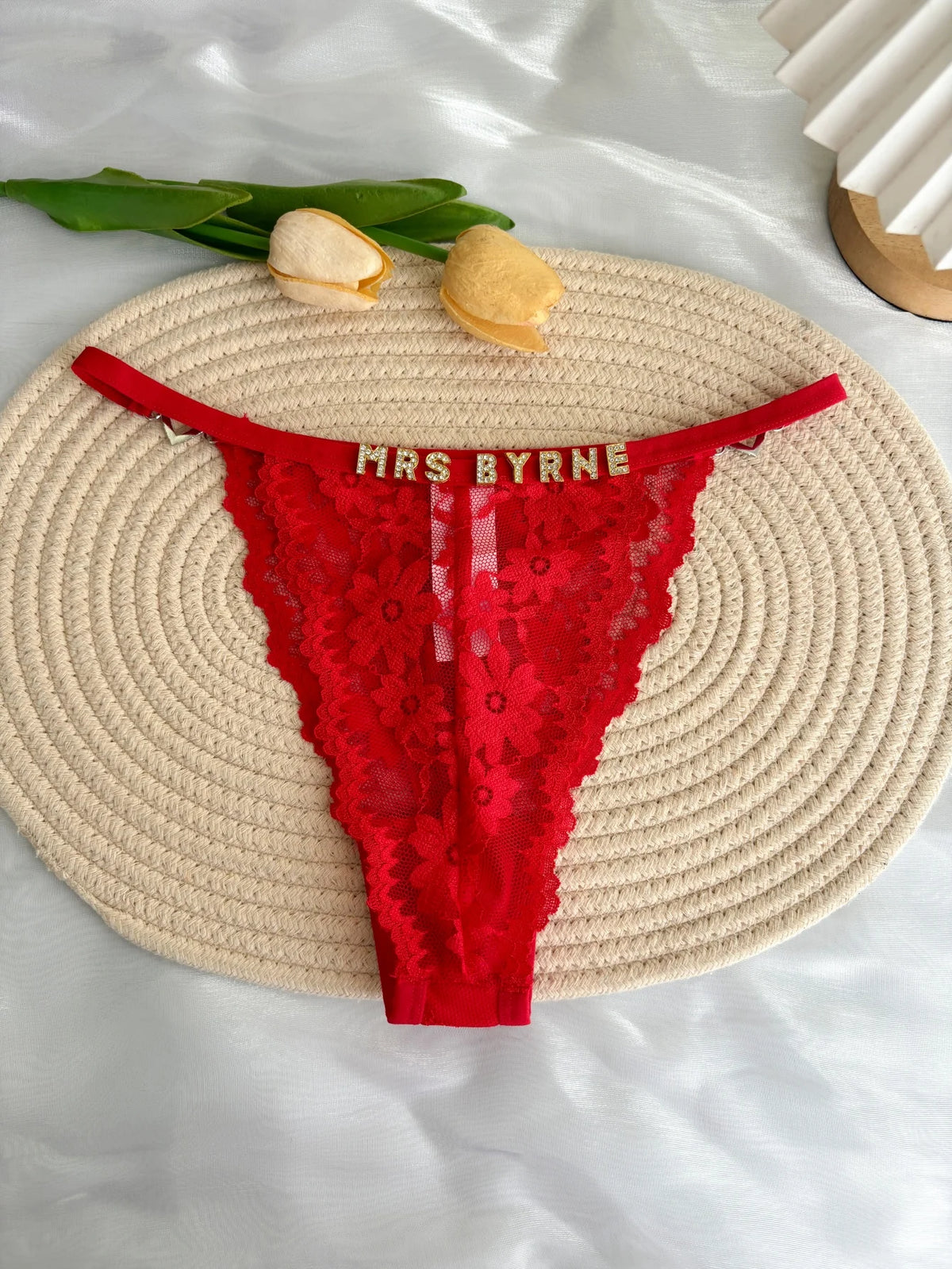 Custom Rhinestone Letter Name Text Sexy Lace Thong Panties Low Rise G-string Personalized Gift Wife Lover Anniversary Festival