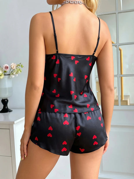 Romantic Heart Print Women 2 Piece Pajama Set Round Neck Top Elastic Waist Shorts Sweet Ladies Loungewear Nightwear