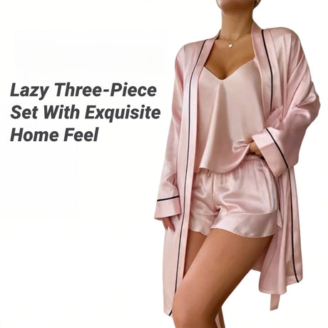 Simple Satin Pajama Set Long Sleeve Belted Robe V Neck Cami Top And Shorts Women's Sleepwear