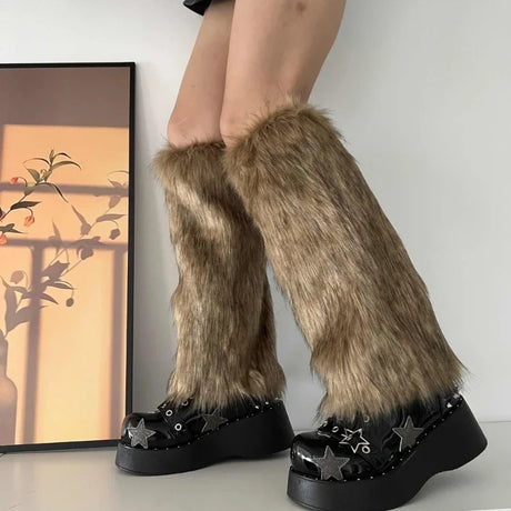 New Y2k Faux Fur Leg Warmers Spicy Girl Harajuku Winter Warm Furry Boots Cover Socks Jk Vintage Hiphop Cosplay Socks Accessories
