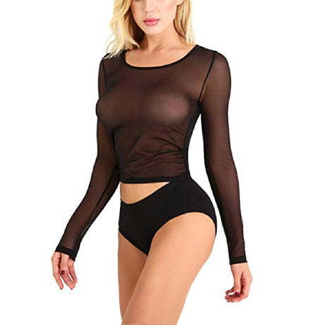 Sexy Women T Shirt See Through Mesh Black Long Sleeve Bodysuit Sheer Slim Turtleneck Tulle Crop Top T-Shirt Transparent Clubwear