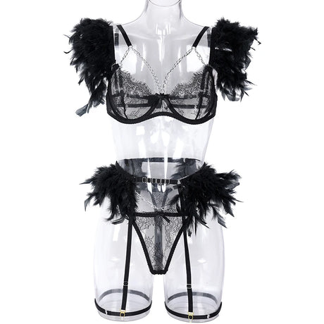 3-Piece Feather Decorated Lace Exotic Sets Women Sexy Patchwork Lingerie Set Chain Bra Panty Garter Underwear Kit For Female