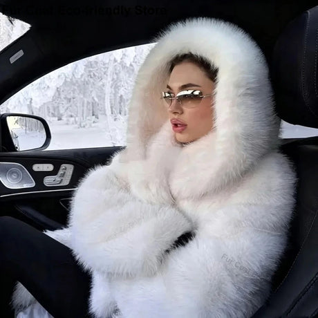 Women's Faux Fur Jacket White Mountain Fashion Hooded Cropped Faux Fur Coat Women Fluffy Women's Plush Coat Girls Hot Overcoat