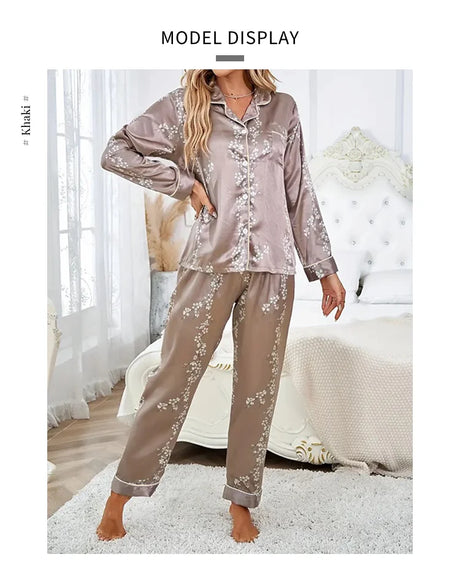 Women Satin Pajama Casual Sleepwear Home Clothes Suit Autumn Long Sleeve Button Up Top & Pants Nightwear Loungewear Pyjama Femme
