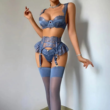 Women's Blue Lace Lingerie Set 4 Piece Bra Panty Garter Belt Stockings Underwire Adjustable Straps Sexy Romantic Nightwear 2026