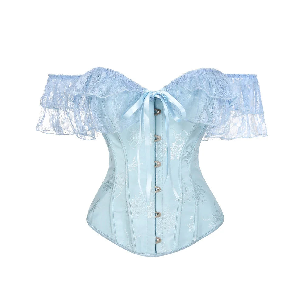 Women Sky Blue Retro Jacquard Corset Tops Lace Short Sleeved One Shoulder Sexy Slimming Shaper Overbust Bustiers Lingerie
