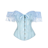 Women Sky Blue Retro Jacquard Corset Tops Lace Short Sleeved One Shoulder Sexy Slimming Shaper Overbust Bustiers Lingerie