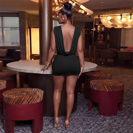 Sexy Deep V-neck Backless Birthday Dress for Woman Party Club Night Out Sleeveless Ruched Metal Ring Bodycon Mini Dress Elegant