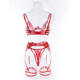 Red Bondage Lingerie Set Women Gold Chain Lace Harness Unlined Underwire Bra Garter Belt Thigh Rings Gothic Punk Exotic Apparel