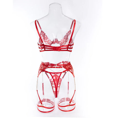 Red Bondage Lingerie Set Women Gold Chain Lace Harness Unlined Underwire Bra Garter Belt Thigh Rings Gothic Punk Exotic Apparel