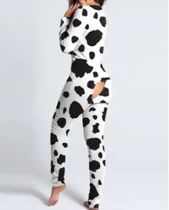 Sexy Pyjama Women's Long Sleeves Homewear Suit Button-Down Front Back Butt Bum Open Ass Flap Jumpsuit Loungewear Christmas Print