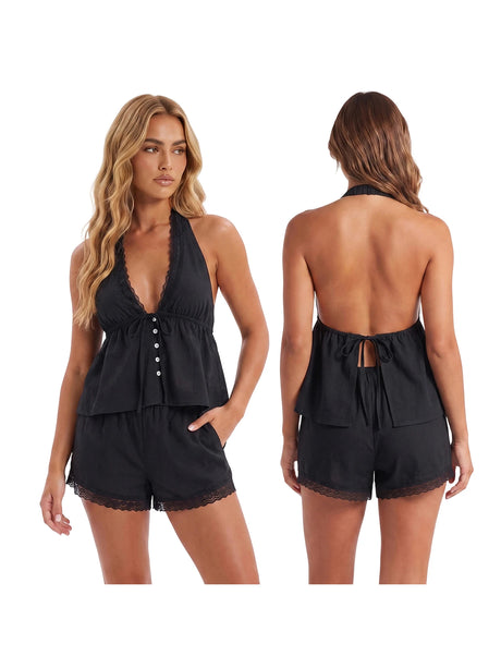 Women Summer Casual Outfit Lace Trim Halter Babydoll Tops and Shorts Solid Color 2 Pieces Sets