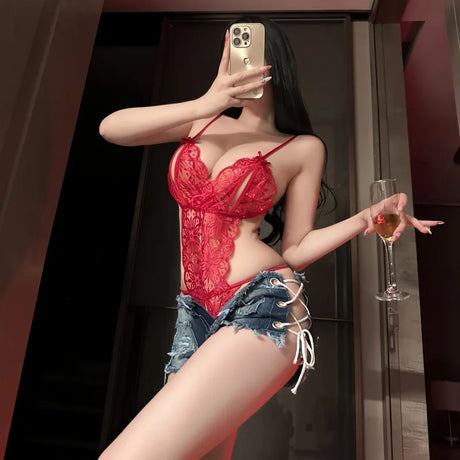 See Through Sexy Tight Women's Clothing , Deep V-neck Shaping,Lace Backless Bodysuit , Adjustable Shoulder Straps,Lady Party Top