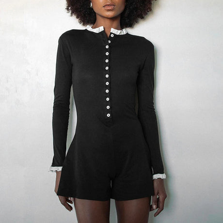 Spring and Autumn Women's Lotus Leaf Edge Decorative Long Sleeve Button Half Open Skirt Slimming Short jumpsuit Casual