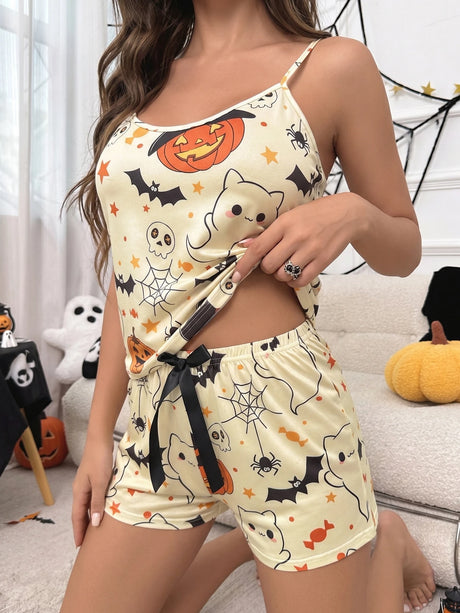 Women Halloween Pajama Set Pumpkin Ghost Bat Print Spaghetti Strap Camisole Top & Shorts Holiday Loungewear Sleepwear Suit
