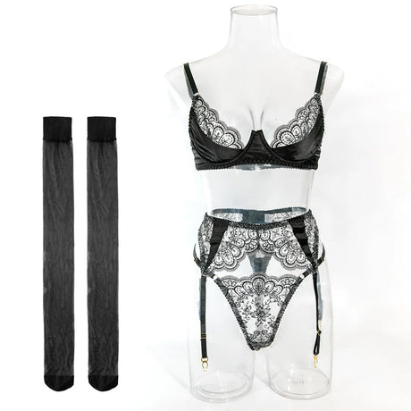 Wedding Night Gift 3 Piece Black Lace Lingerie Set for Women Bra with Garter Belt and Thong Sexy Bridal Underwear