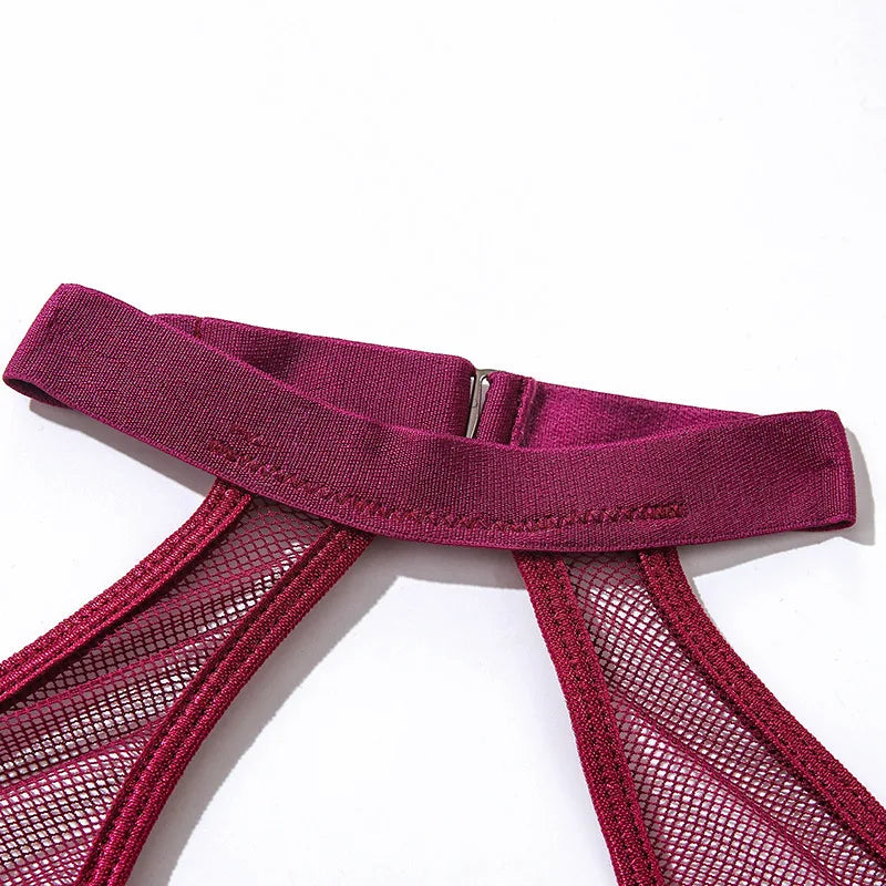 Sexy Zipper Front Lace Bodysuit High Cut Mesh Teddy Lingerie Women Halter Neck See Through Body Stocking Erotic Costume Purple