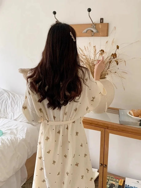 Women Bathing Robe Cartoon Cute Bear Print Bathrobe Nightgown Cardigan Long Sleeve Nightdress Plus Size Loungewear Nightgown Ro