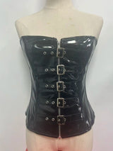 Women's Black PVC Leather Corset Women Sexy Front Zip and Buckle Closure Overbust Bustier Fetish Rock Gothic Steampunk Corselet