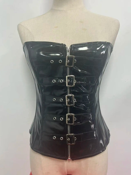 Women's Black PVC Leather Corset Women Sexy Front Zip and Buckle Closure Overbust Bustier Fetish Rock Gothic Steampunk Corselet